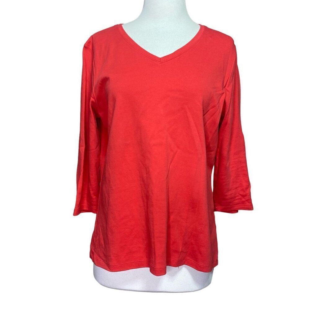 L.L. Bean Solid Red V-Neck Top 3/4 Sleeve Size Medium